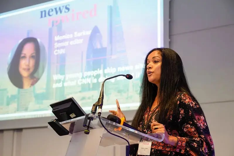 Monica Sarcar with her talk "Why young people skip news sites and what CNN is doing about it"