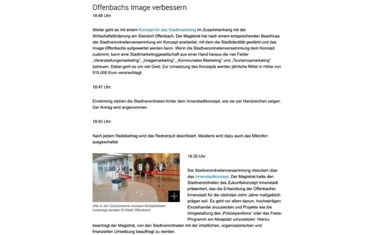 Screenshot aus dem Kommunen Liveblog von Offenbach. Im Liveblog wird darüber berichtet, wie das Image von Offenbach verbessert werden kann. 